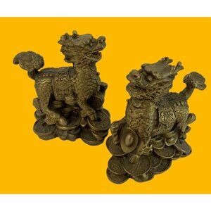 VTG Brass FengShui Foo Dogs Pair Dragon Figures Pi Xiu Figurines Lucky 3" 7892